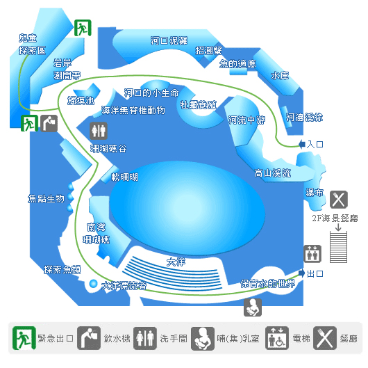 從高山到海洋 小水滴的旅行… 此圖為台灣水域館的平面配置圖,圖中包含了參觀動線、展區介紹以及設施分佈圖(如緊急出口、飲水機、洗手間、哺(集)乳室、電梯及餐廳)。 台灣四面環海,擁有美麗而多樣的自然景觀。本館以從山到海的展示方式,生態景觀完全模擬實地景象,入口取景為谷關龍古瀑布,由此引領遊客,從高山上匯集融雪、雨水而成的小溪,順流而下,沖刷切割河床,挾帶各種物質,逐漸堆積到平緩的中下游,最後蜿蜒流入大海,藉著小水滴的旅行訴說著台灣河川到海洋生態的多樣性。