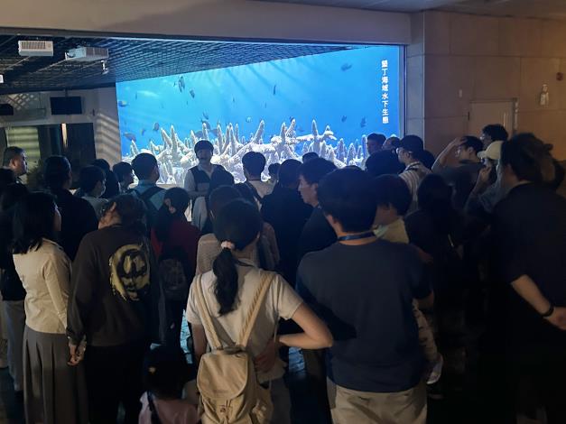 圖2 珊瑚王國館前的沉浸式體驗「珊瑚光廊」試播，吸引民眾駐足觀看