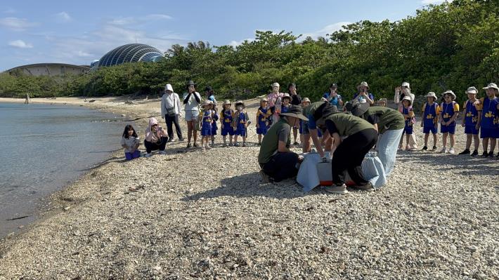圖二_海生館同仁將海龜運至沙灘
