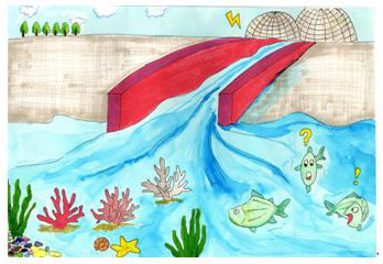 核電廠排放廢熱與污染導致秘雕魚的產生與珊瑚白化(昌佳蕙 繪)